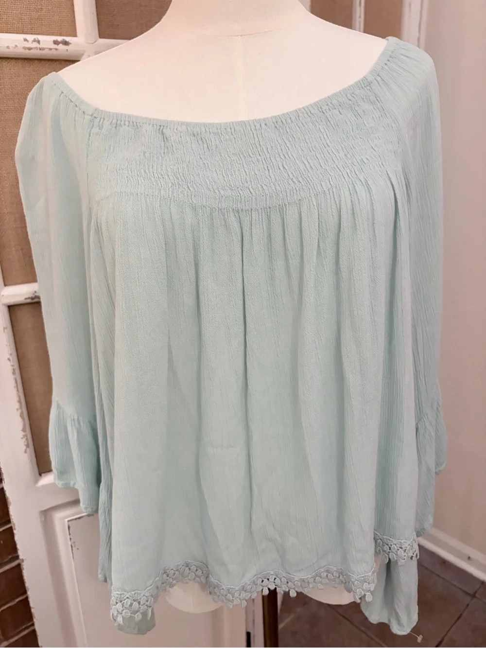 Raga Sea Foam Green  Boho Smocked Bell Sleeve Pom Pom Trim Top L